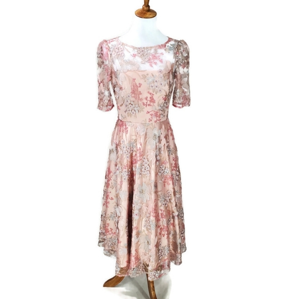 Eliza J Pink Embroidered Lace Overlay Fit & Flare Midi Dress Girly Glinda Spring - Picture 6 of 14